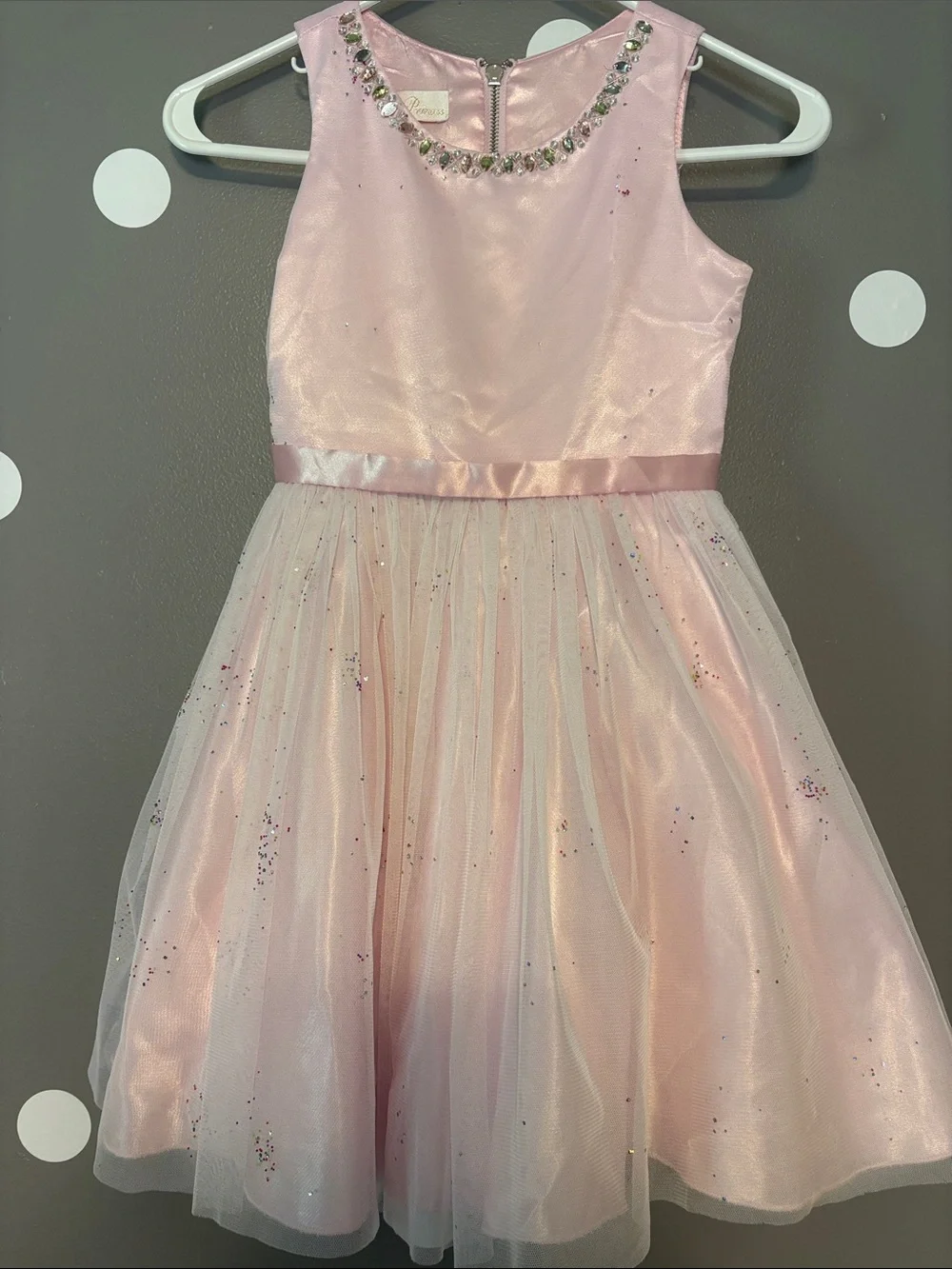 American Princess Light Pink Tulle Party Dress with Jeweled Neckline